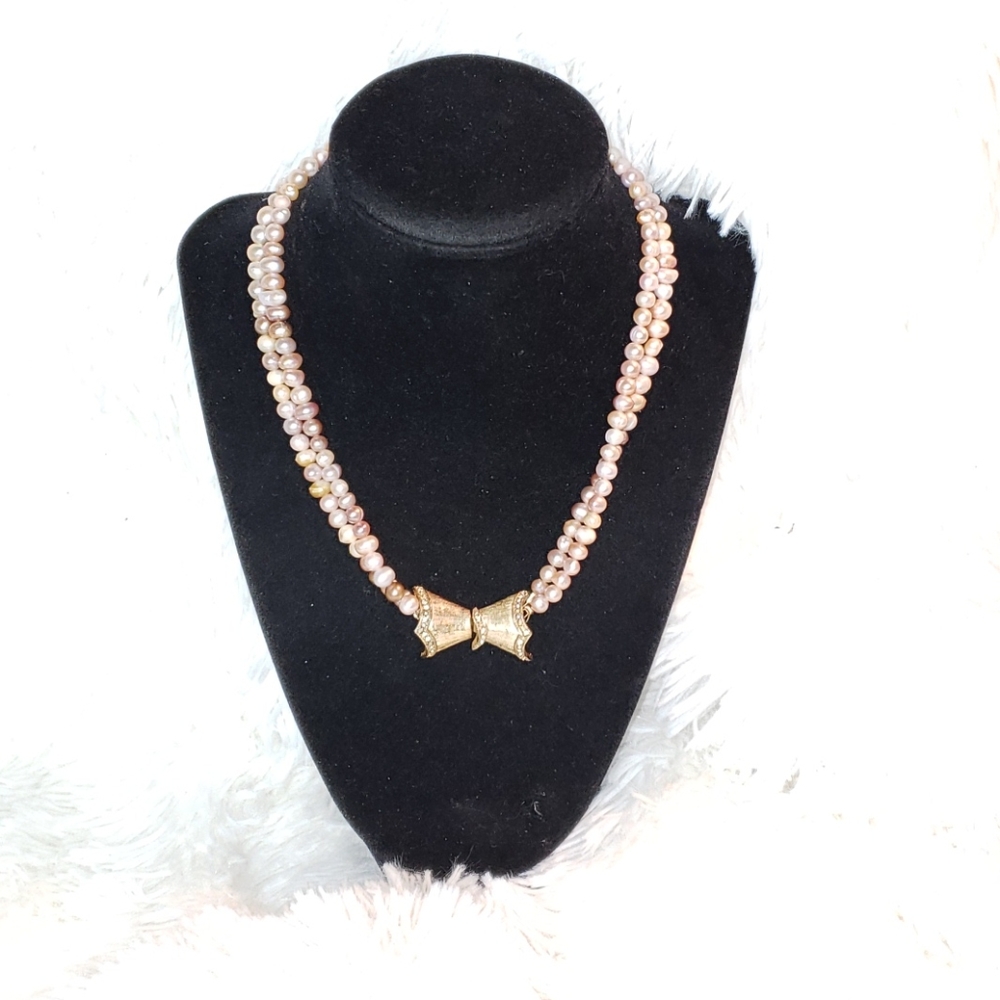 Double Strand Pink Pearl Antique Bow Necklace